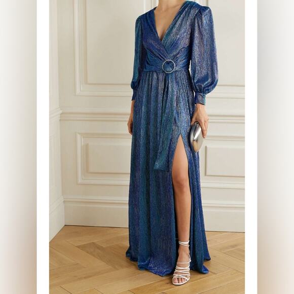 NWT PatBo Crystal-Embellished Metallic Belted Lamé Maxi Dress Size 6 $895 - Picture 4 of 9